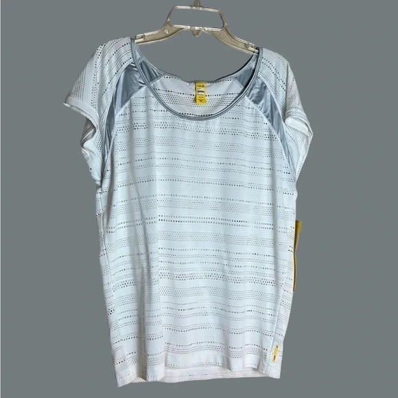 LOLE SYBIL white sheer boxy gym t shirt,silver stripes,eyelets  details,raglan - Picture 1 of 15
